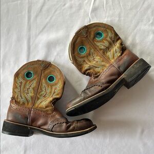 Ariat Brown and Tan Western Work Boots with Embroidered Design